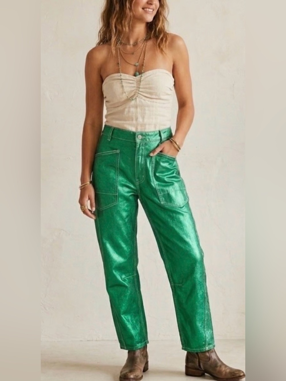 Green Metallic We the Free People Minimalist Moxie Distress 26 NWOT Barrel Jean